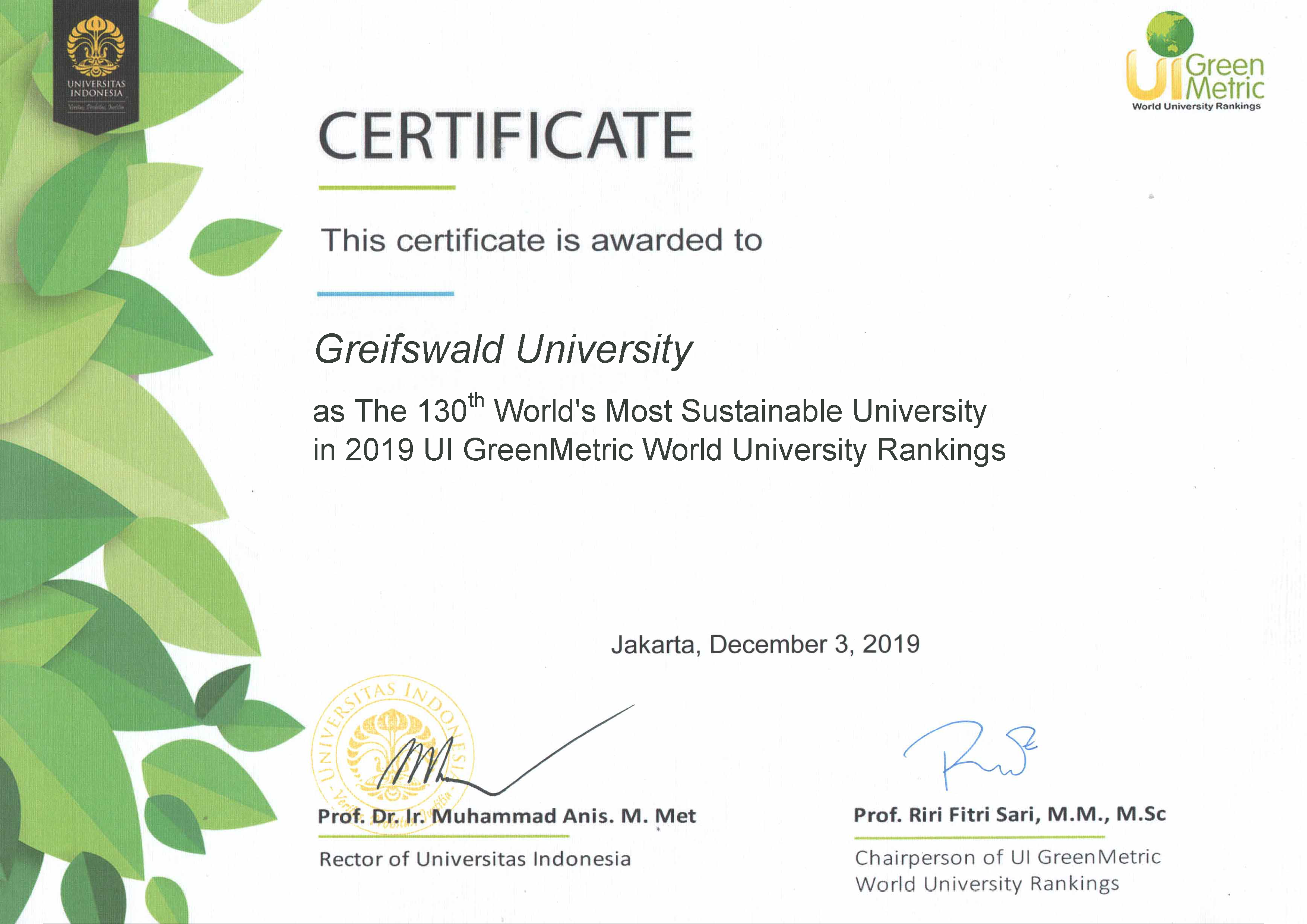 Zertifikat für die Universität Greifswald