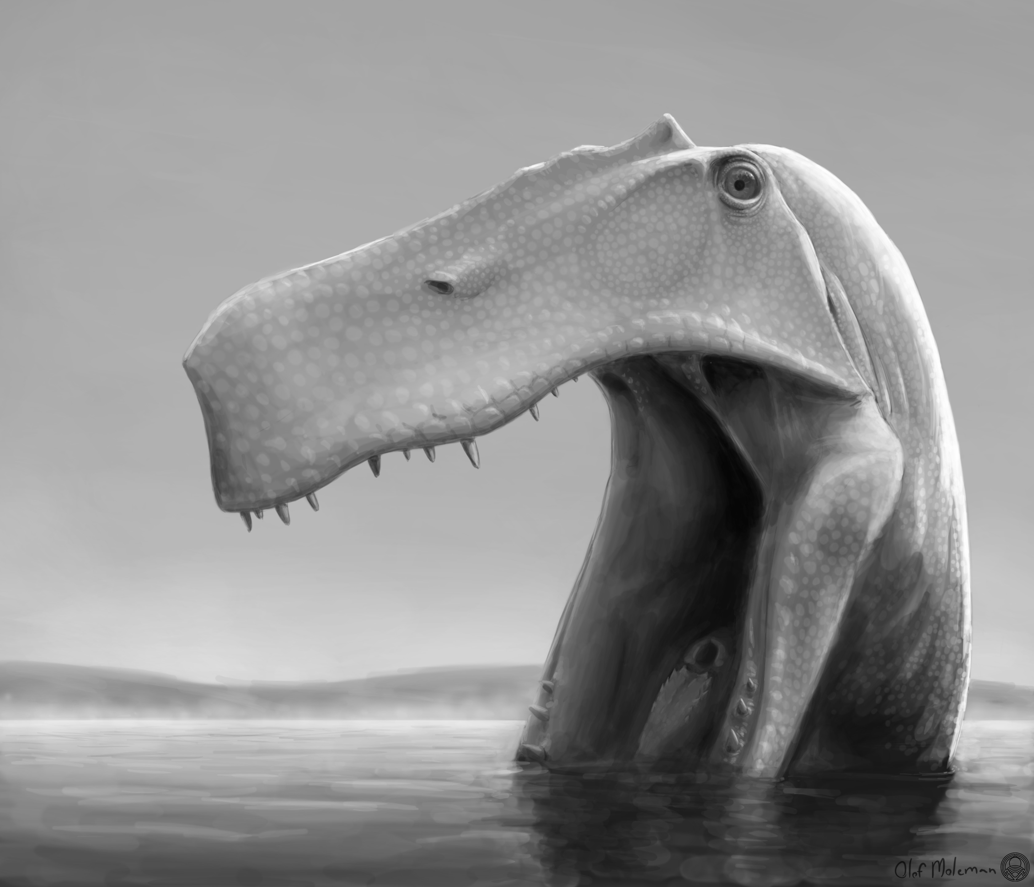 The image shows an illustration of the predatory dinosaur Irritator challengeri
