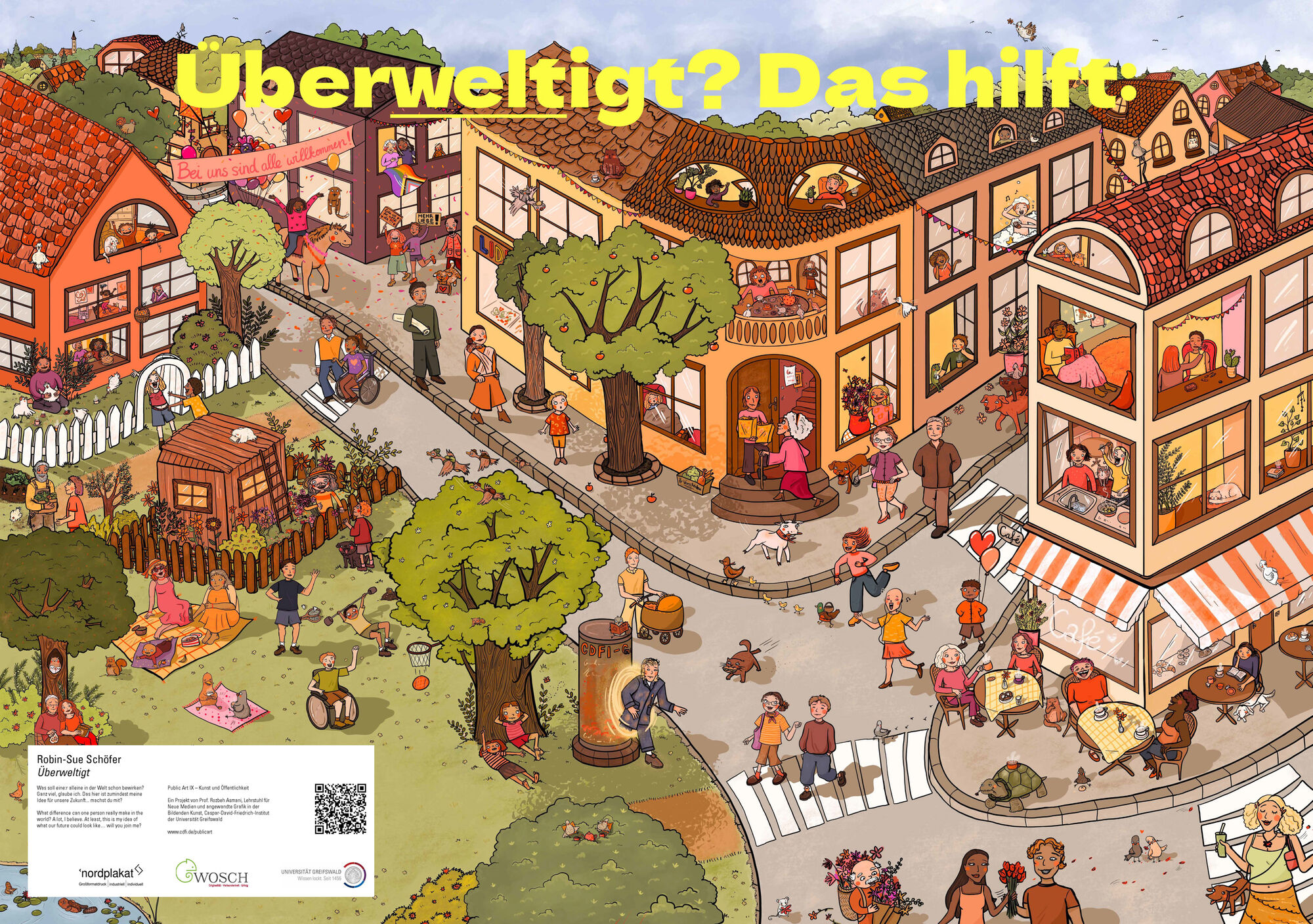 Plakat Überweltigt? Das hilft. Das Plakat „Überweltigt? Das hilft.“ zeigt ein Wimmelbild.