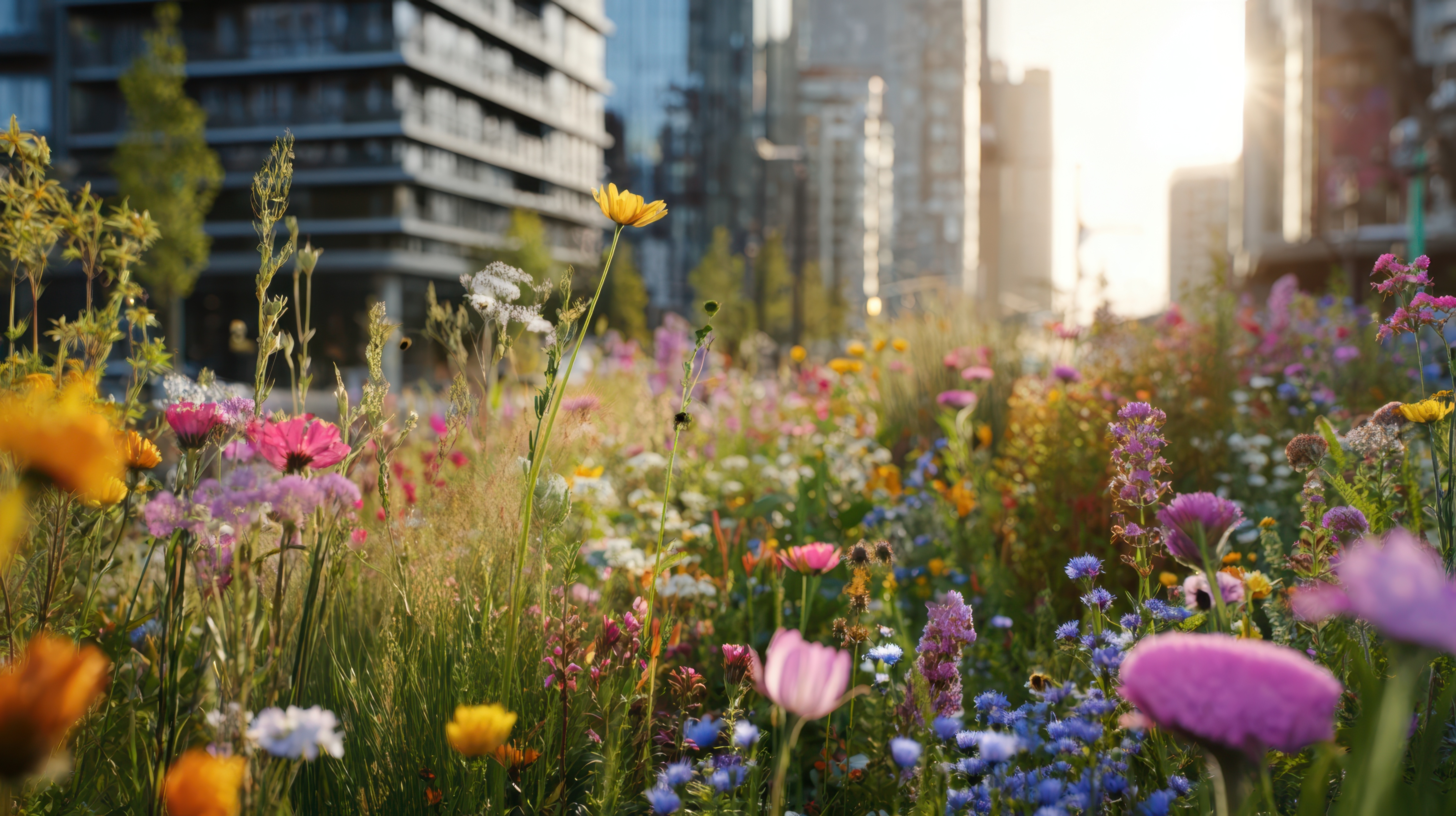 Blossoming wildflowers with a city backdrop.