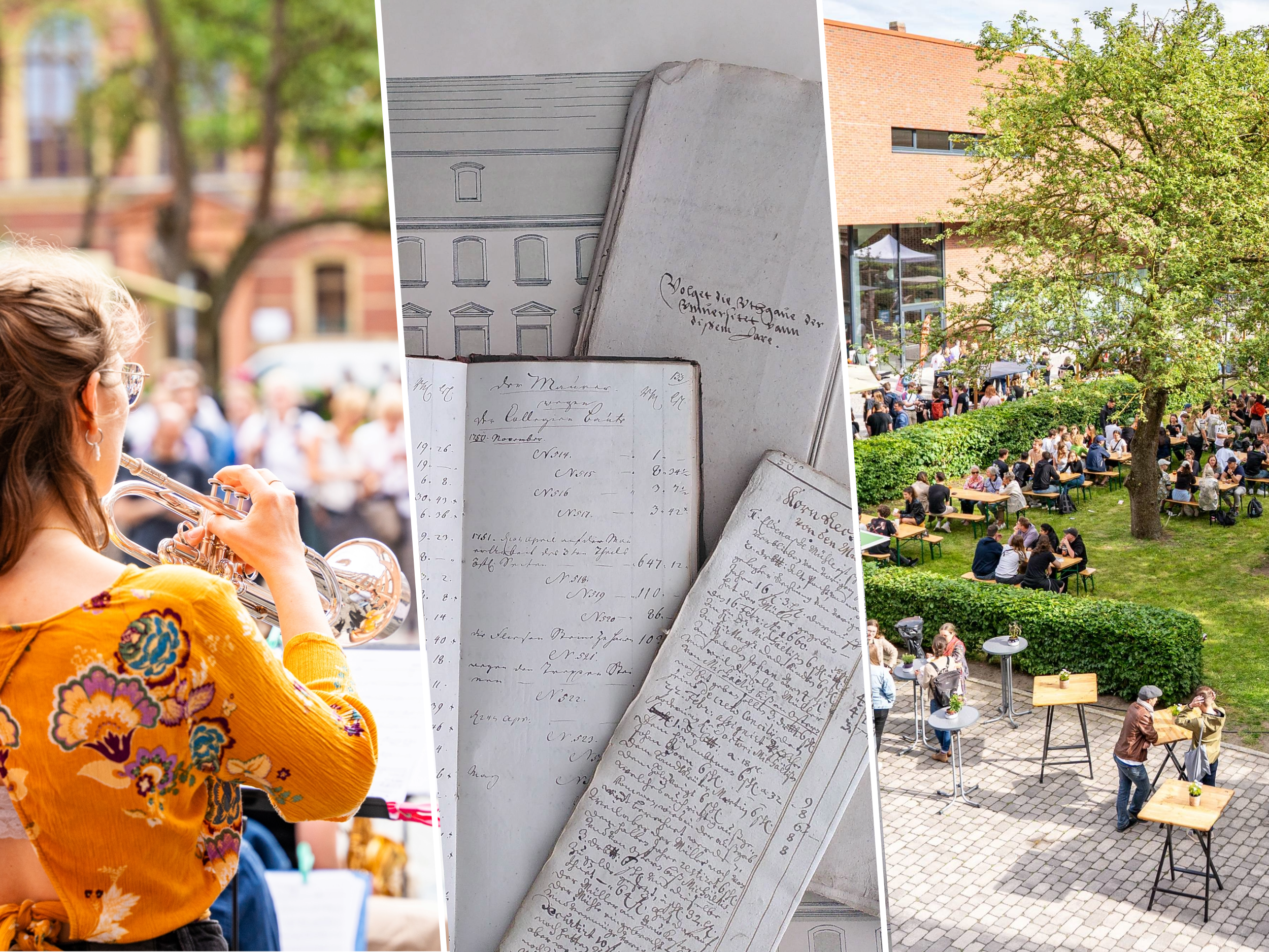 Gemeinsam feiern, begegnen und austauschen: Der Dies academicus findet 2026 am 30. Juni statt. Eine Collage: Eine Frau die eine Trompete spielt, Papiere und ein Blick von oben auf den Campus.
