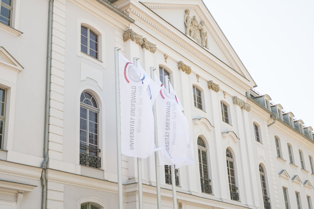 Universitätsfahnen vor dem Hauptgebäude der Universität