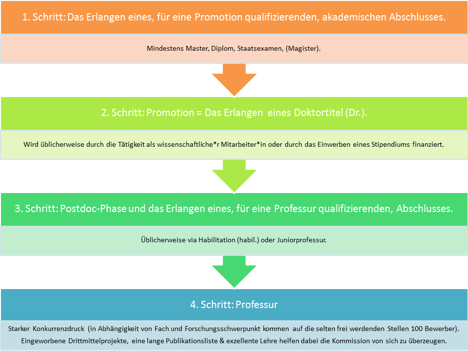 Grafik Werdegang Professur: 1.	Schritt: Das Erlangen eines, für eine Promotion qualifizierenden, akademischen Abschluss -	Mindestens Master, Diplom, Staatsexamen, (Magister). [Pfeil nach unten] 2.	Schritt: Promotion = Das Erlangen eines Doktortitels (Dr.). -	Wird üblicherweise durch die Tätigkeit als wissenschaftliche*r Mitarbeiter*in oder durch das Erwerben eines Stipendiums finanziert. [Pfeil nach unten] 3.	Schritt: Postdoc-Phase und das Erlangen eines, für eine Professur qualifizierenden, Abschlusses. -	Üblicherweise via Habilitation (habil.) oder Juniorprofessur. [Pfeil nach unten] 4.	Schritt: Professur -	Starker Konkurrenzdruck (in Abhängigkeit von Fach und Forschungsschwerpunkt kommen auf die selten freiwerdenden Stellen 100 Bewerber). Eingeworbene Drittmittelprojekte, eine lange Publikationsliste & exzellente Lehre helfen dabei die Kommission von sich zu überzeugen.