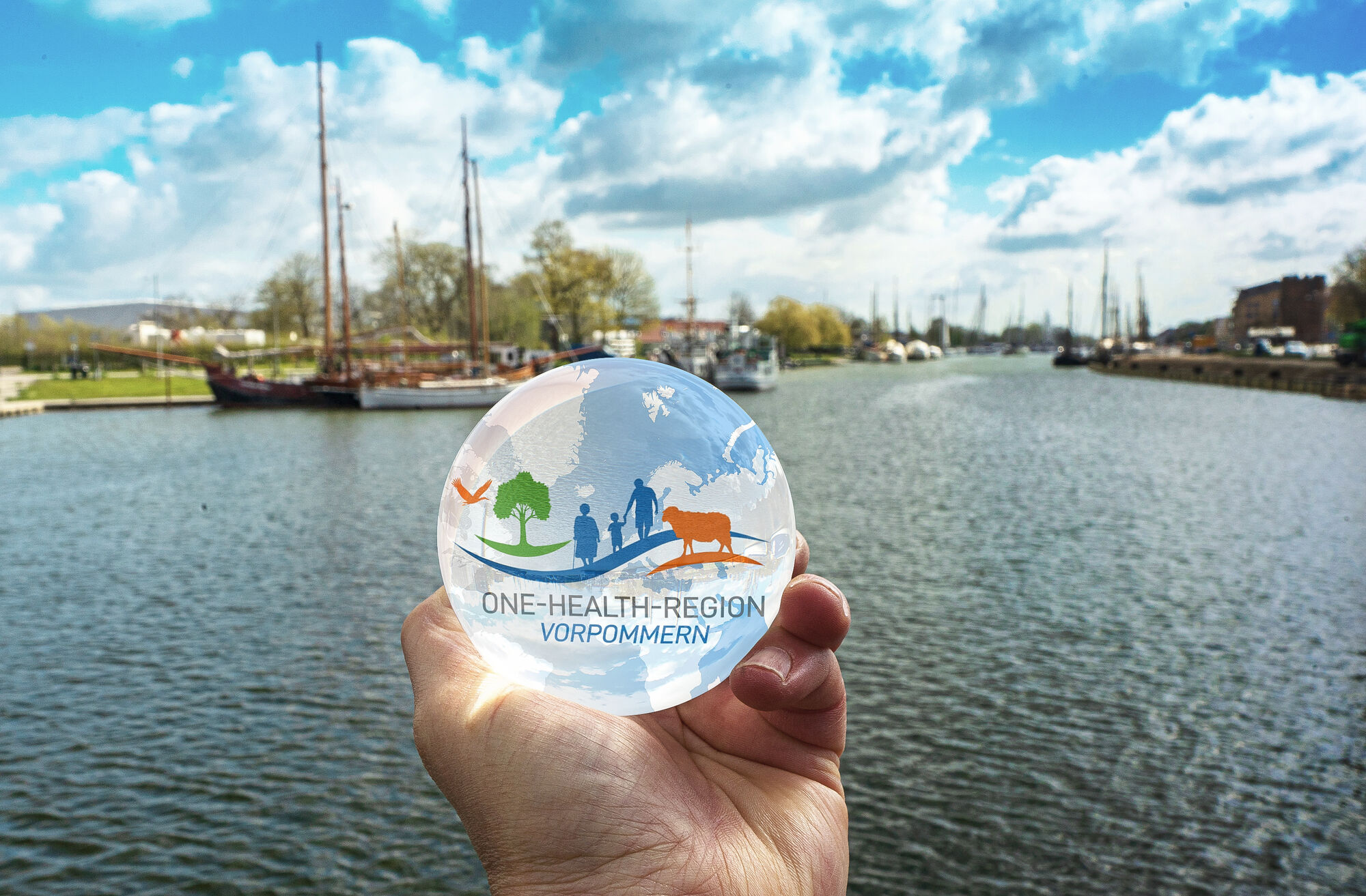 Motivbild für One-Health-Region Vorpommern. In einer Glaskugel ist das Signet der gesunden region zu sehen. Dahinter ist der Museumshafen Greifswald im Bild.