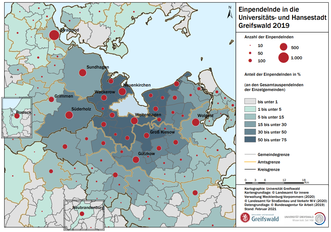 Karte zur Herkunft Greifswalder Arbeitnehmer*innen - Abbildung: Oliver Klein