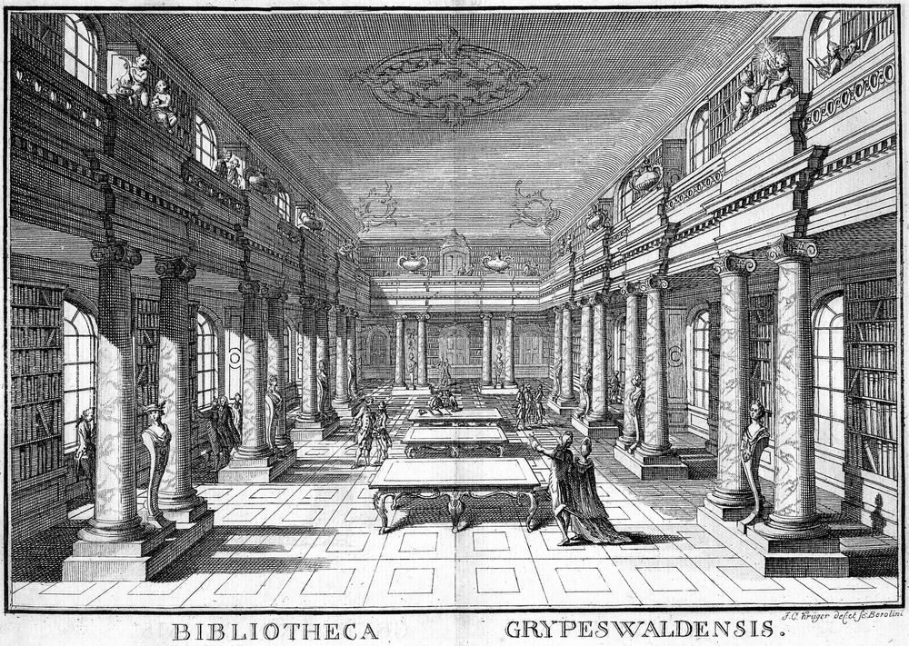 Copper engraving of the library hall in a historical view - Scan: University of Greifswald 
