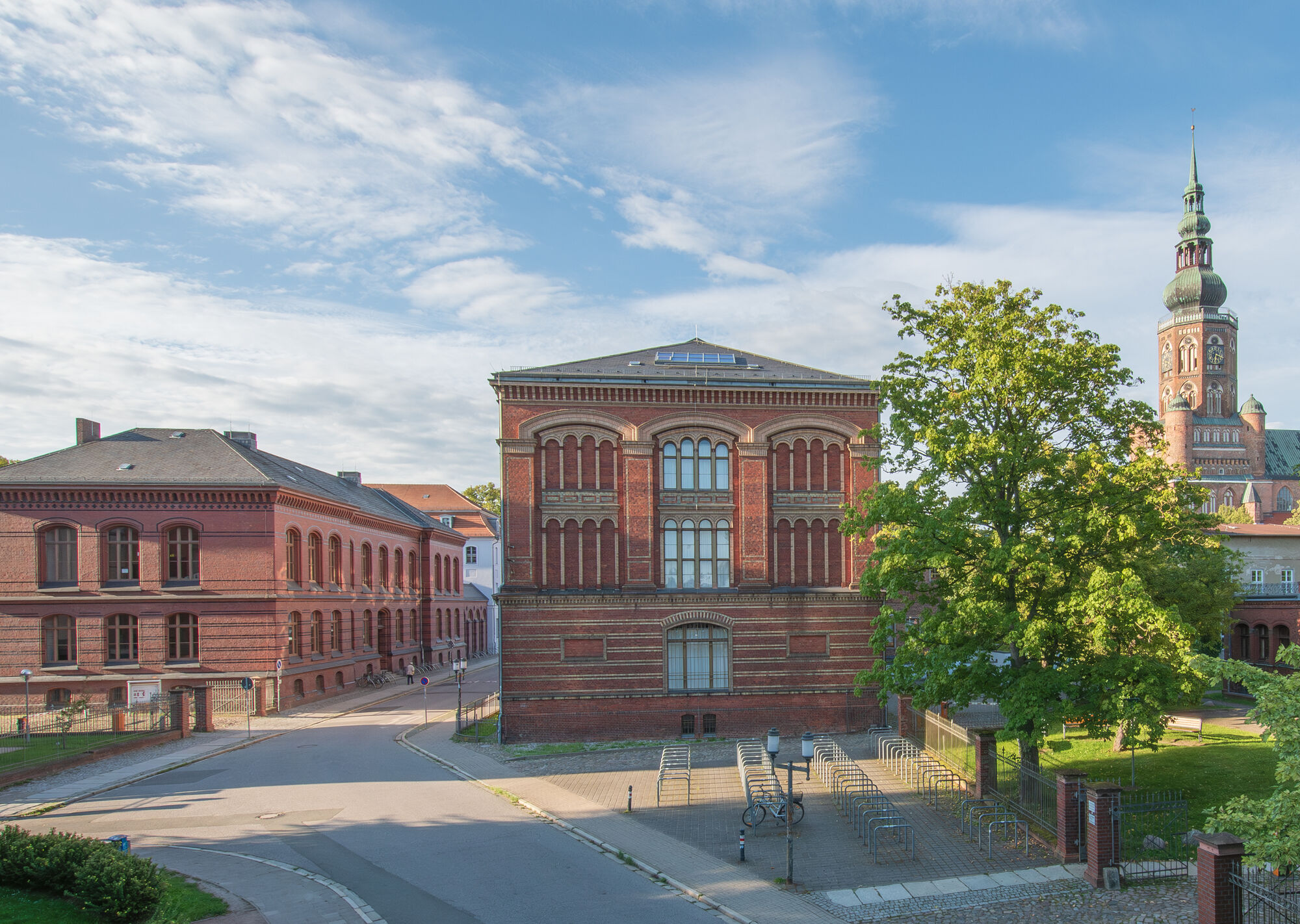 Blick auf die Gebäude Altes Audimax und Alte Universitätsbibliothek Zwischen grünen Bäumen gerahmt findet man links das Alte Audimax und rechts die Alte Unibibliothek mit dem Dom im Hintergrund. Blick von der Brücke des Walls auf die gewundene Straße, die beide Gebäude voneinander trennt.