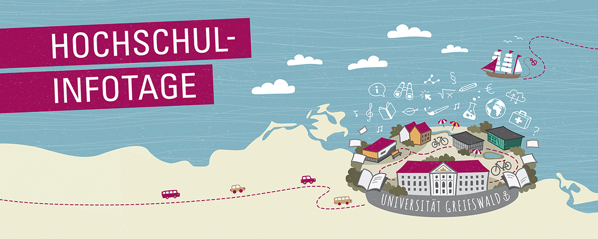 Kampagnenmotiv der Hochschulinfotage 2026. Das Bild zeigt eine Illustration der Stadt Greifswald an der Küste Mecklenburg-Vorpommerns.