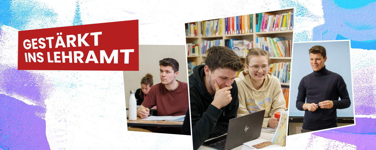 Ein Kampagnenmotiv in verschiedenen Farben mit drei Bildern drauf, die eine männliche Person in unterschiedlichen Perspektiven zeigt (Schule, Studium, Lehrberuf).