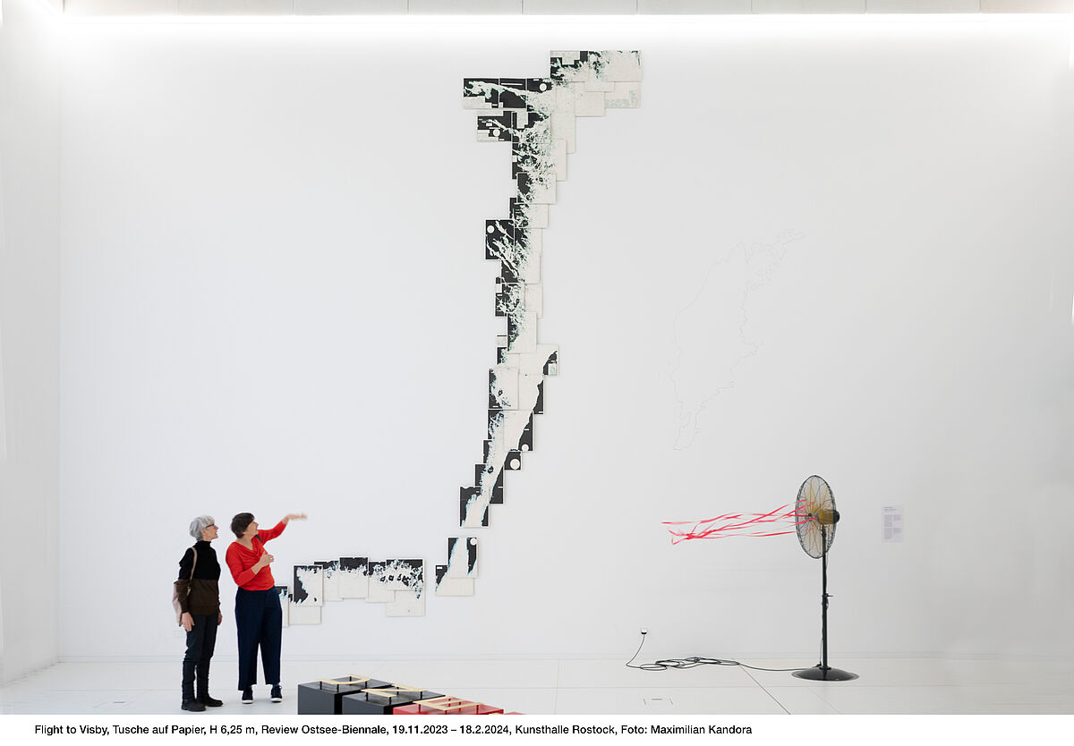 Die Installation "Flight to Visby" von Anett Frontzek zu sehen in der Kunsthalle Rostock. Tuscheauf Papier, Höhe 6,25m, Viele kleine Schwarz-weiße Bilder reihen sich zu einemscheinbar nach oben fliegenden Strang.