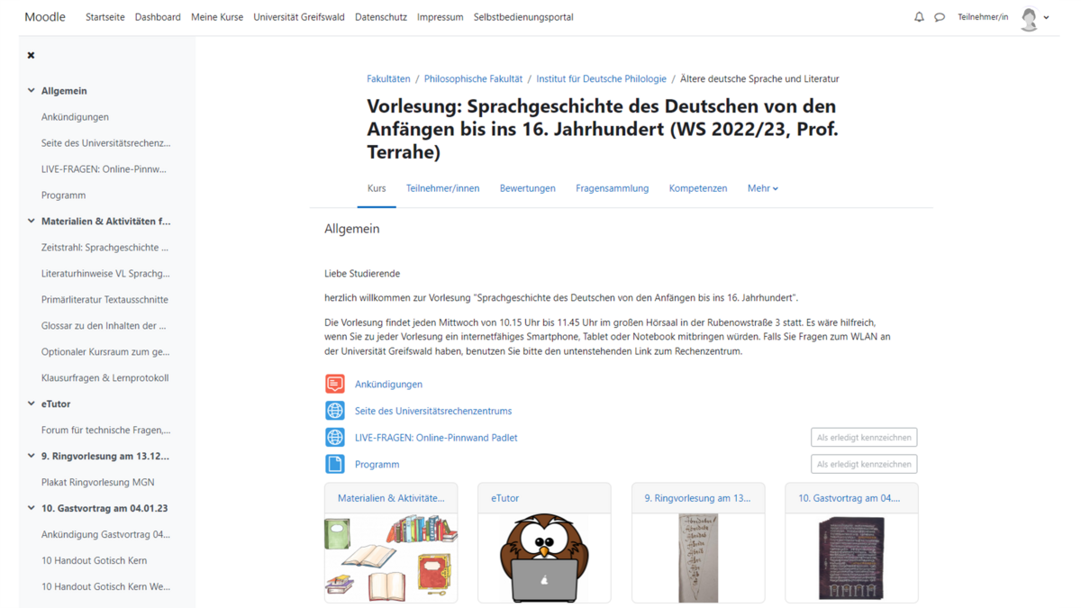 Screenshot vom Moodle-Kurs "Sprachgeschichte"