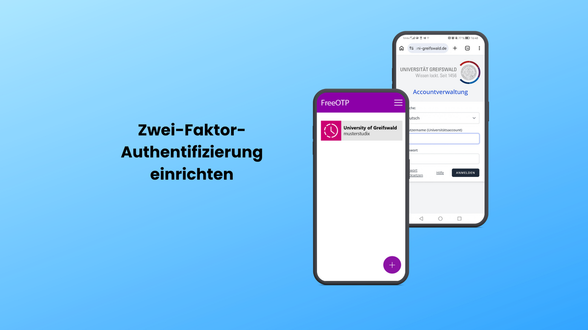 Auf einem Blauen Hintergrund sind zwei Smartphones zu sehen, die zeigen, wie man den zweiten Faktor einrichtet.