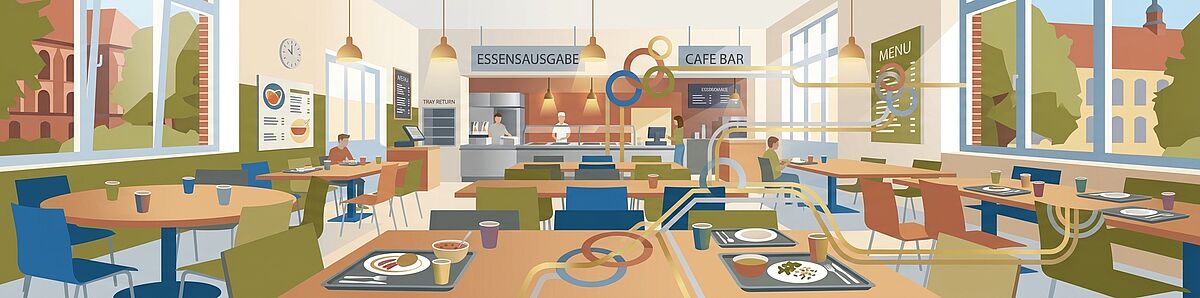 offener Dialog am Mittagstisch Grafische Illustration einer modernen Universitätsmensa mit Esstischen, Tabletts und symbolischen Verbindungslinien, die einen offenen Dialog darstellen.