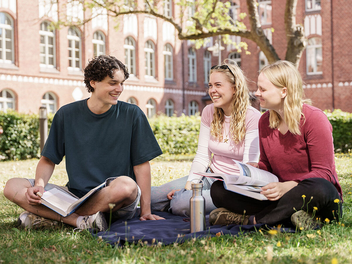 Studierende sitzen auf dem Rasen im Apfelgarten und unterhalten sich und lachen dabei.