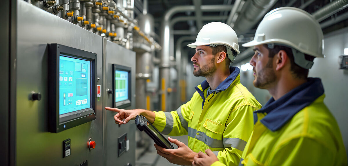 Zwei Ingenieure in Sicherheitswesten beobachten die Monitore einer Anlage.