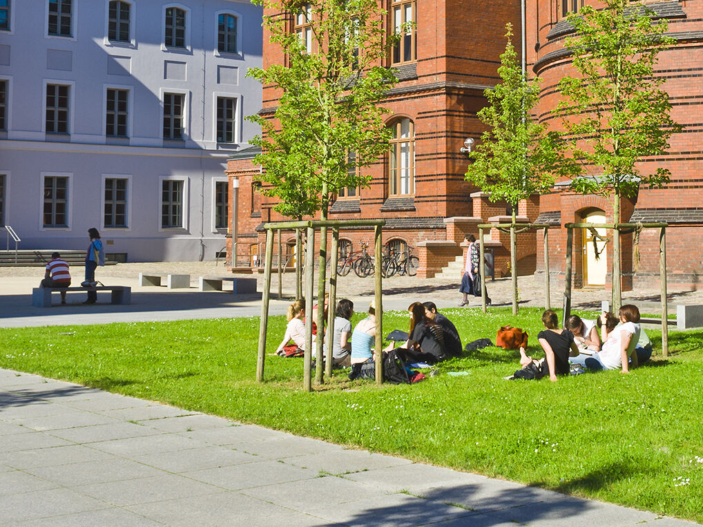 Symbolbild Studierende auf dem Innenhof des Universitätshauptgebäudes, Foto: Jan Meßerschmidt