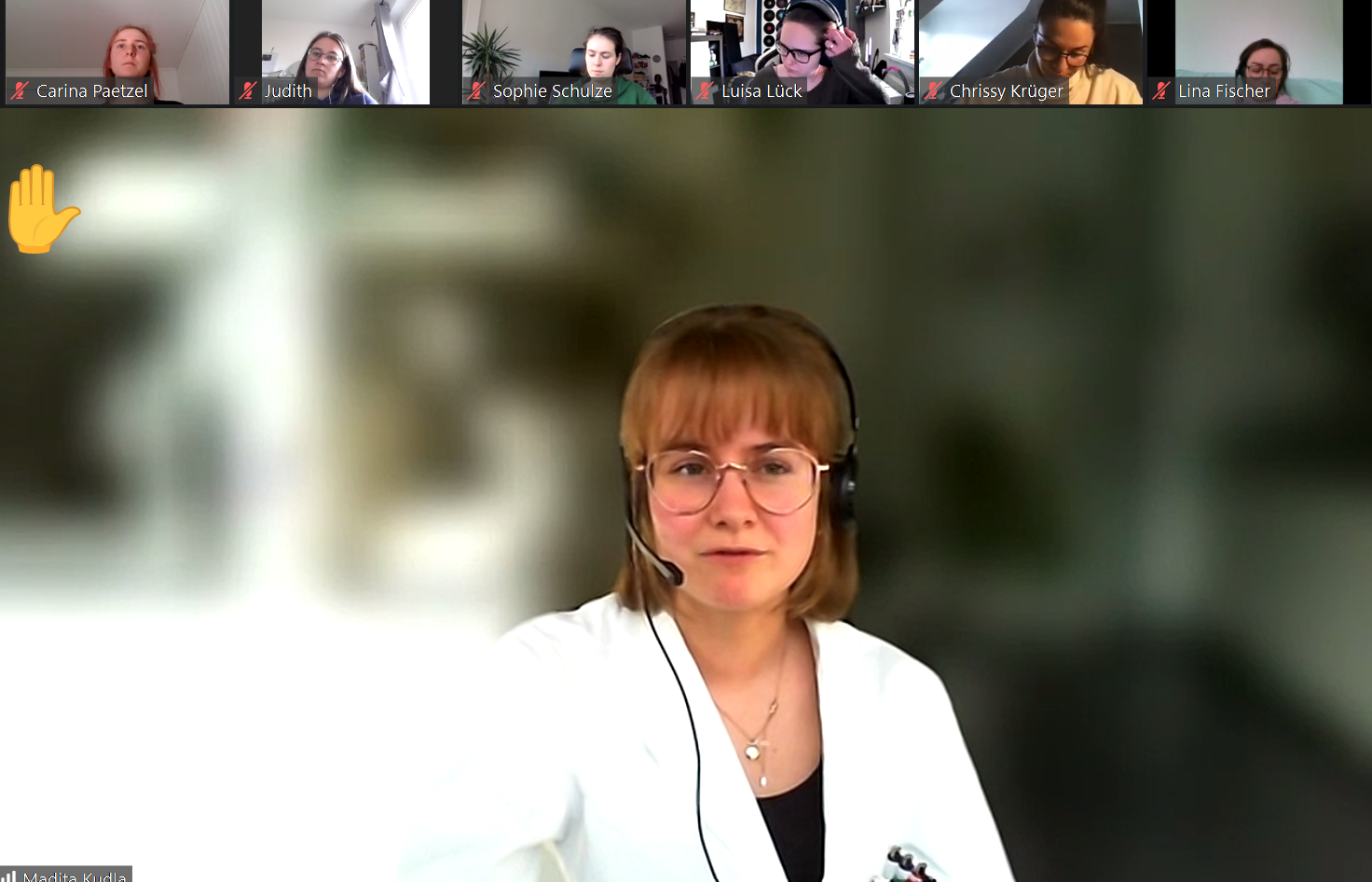 Screenshot des online-Treffens. Eine Teilnehmerin in groß.