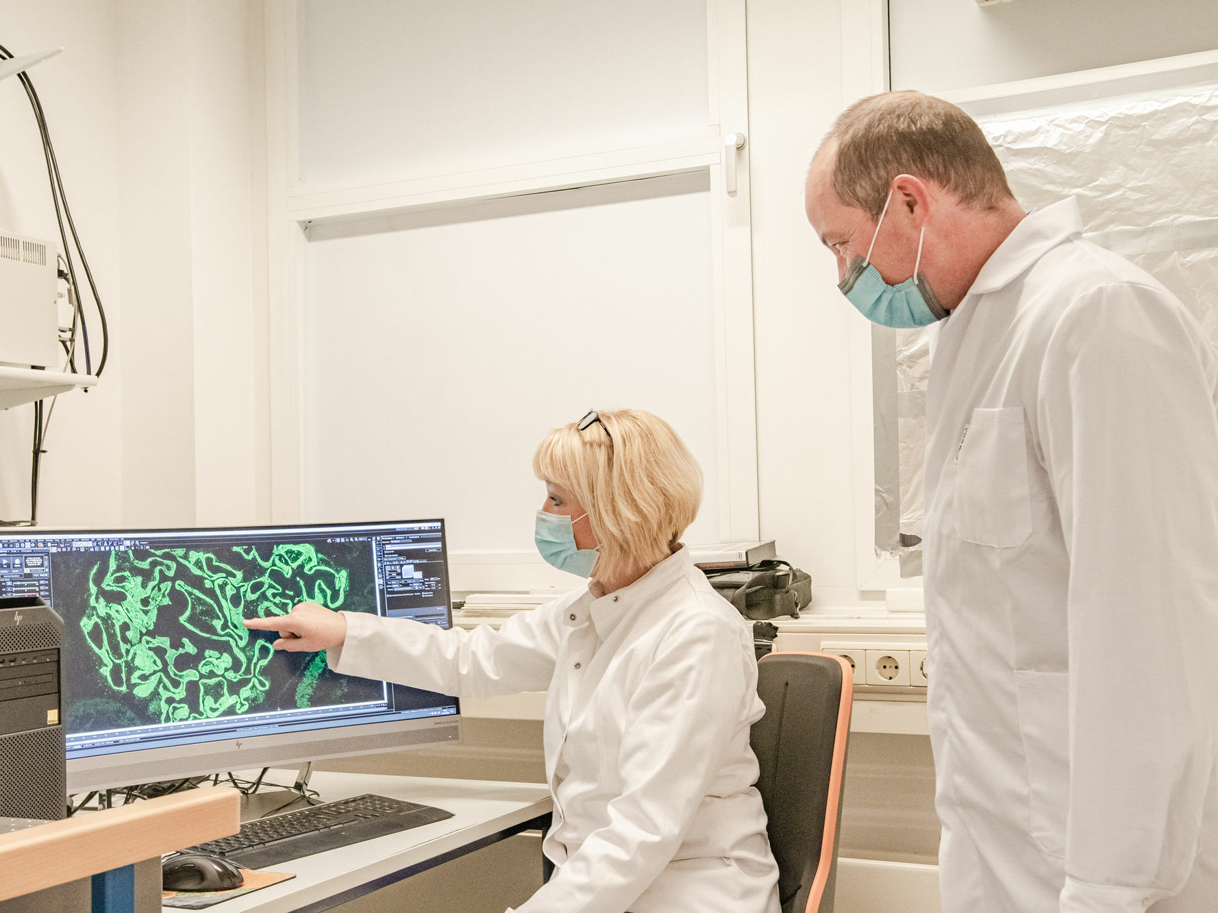 Prof. Dr. Nicole Endlich erläutert Dr. Frank Schütte, Kanzler der Universität Greifswald, eine Mikroskopaufnahme einer Filtereinheit der Niere. Foto: ©Lukas_Voigt