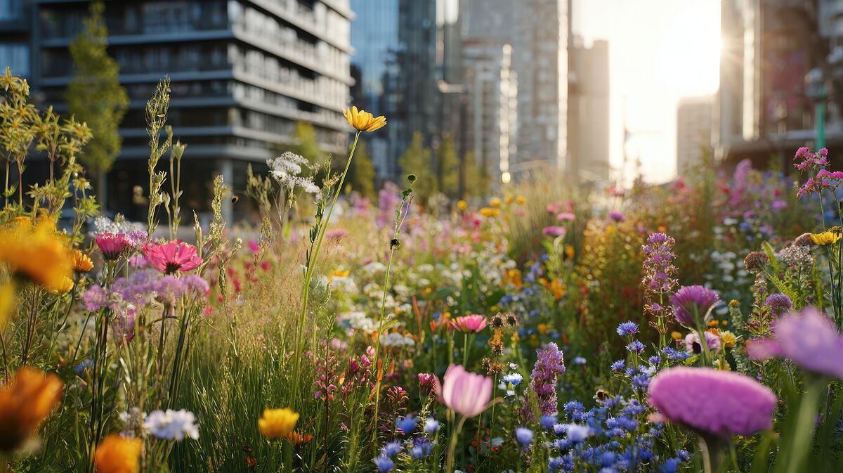 Blossoming wildflowers with a city backdrop.
