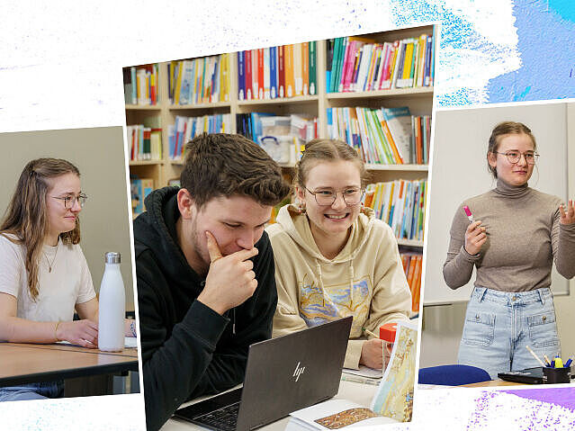 Ein Kampagnenmotiv in verschiedenen Farben mit drei Bildern drauf, die eine weibliche Person in unterschiedlichen Perspektiven zeigt (Schule, Studium, Lehrberuf).