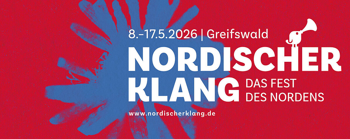 Zu sehen ist ein banner des Festivals Nordischer Klang in rot mit blauen Akzenten.