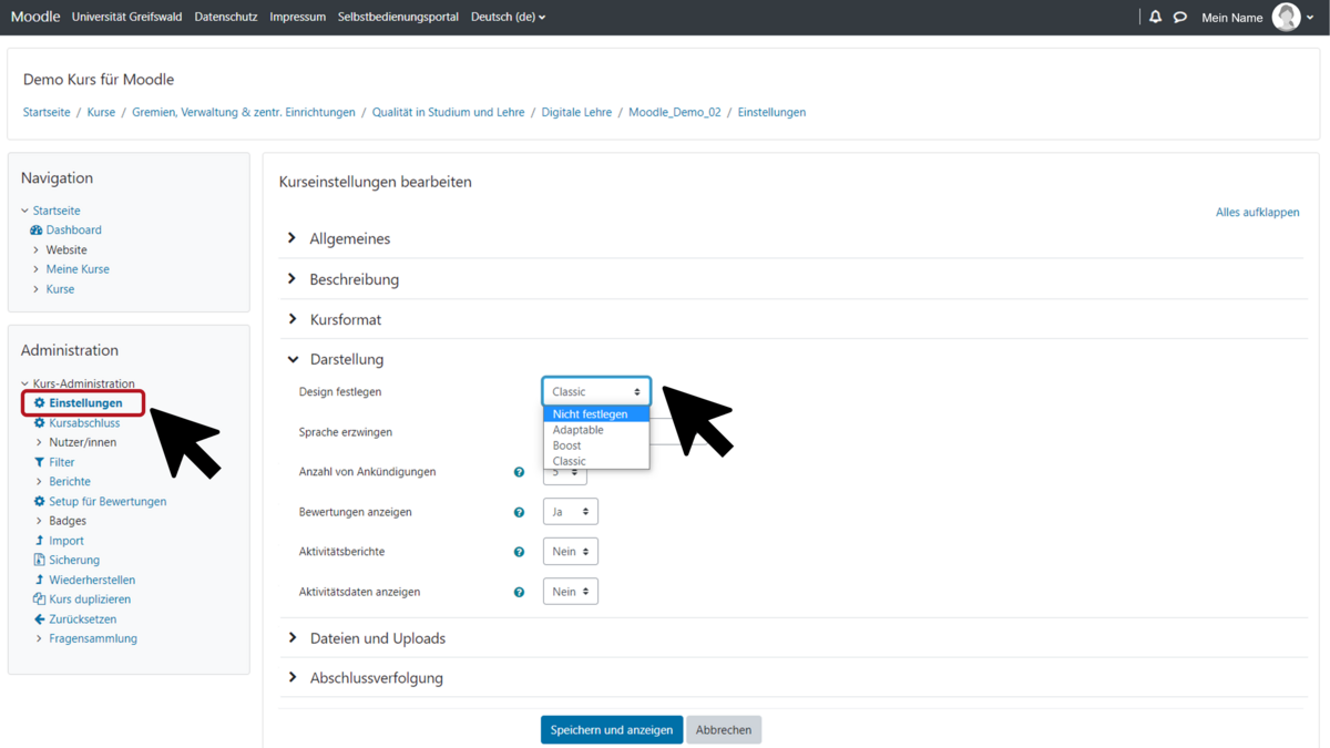 Moodle Kurseinstellungen: Darstellung > Design