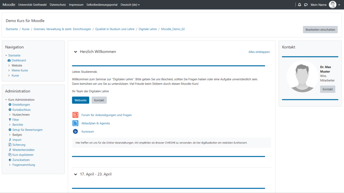 Moodle-Kursformat: Wochenformat (Classic Darstellung)