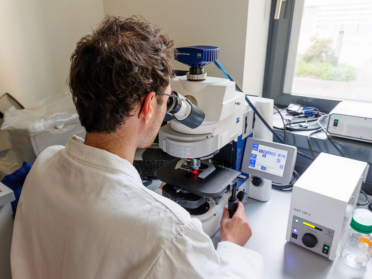 Ein Mann sitzt im Labor und führt Untersuchungen durch.