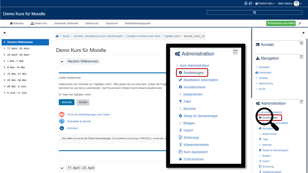 "Einstellungen bearbeiten" im Moodle-Darstellungsdesign Adaptable