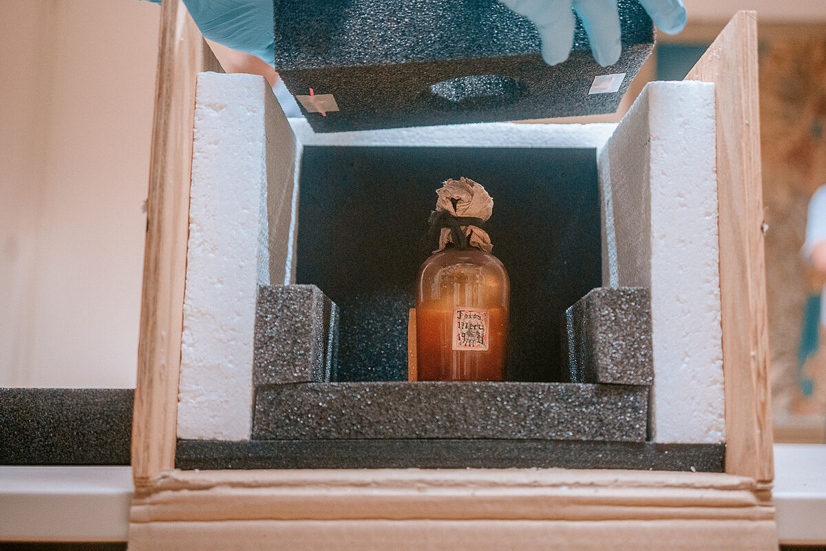 Dalmans Wasserprobe aus dem Toten Meer wird in eine klimastabile Transportbox gepackt. – Foto: Magnus Schult