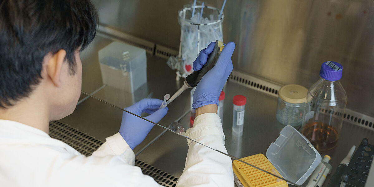 Forschung im Labor der Biochemie Eine Mann in weißem Kittel trägt Gummihandschuhe und pipettiert eine Flüssigkeit in einem Reagenzglas.