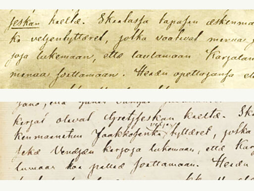 Abb.: Elias Lönnrot, Brief an J. F. Cajan, 01.01.1837. Konzept und Reinschrift, pilliä und valminaa unterstrichen. Quelle: Elias Lönnrotin kirjeenvaihto. Online-Edition. SKS/SLS. Entnommen aus: Benjamin Schweitzer: Musikinstrumentenbezeichnungen im Finnischen: Historisch-systematischer Überblick, Varianten und Verstetigung. MA-Arbeit, Greifswald 2019.