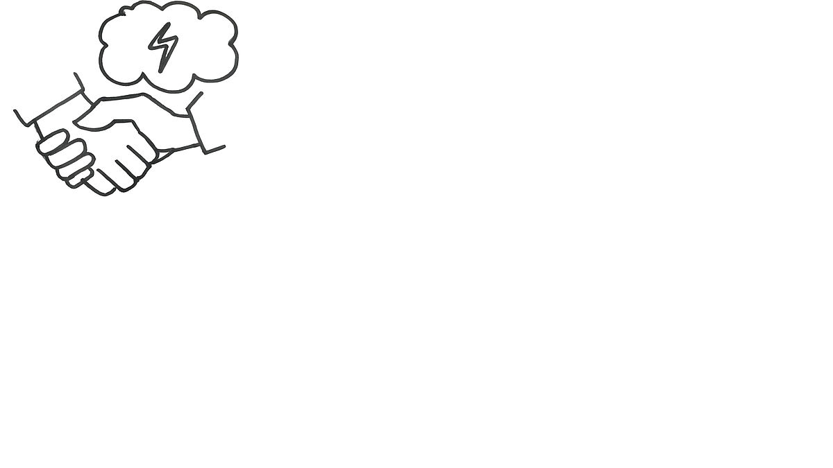Zwei Menschen schütteln sich die Hände. Im Hintergrund eine Gewitterwolke in einer Sprechblase
