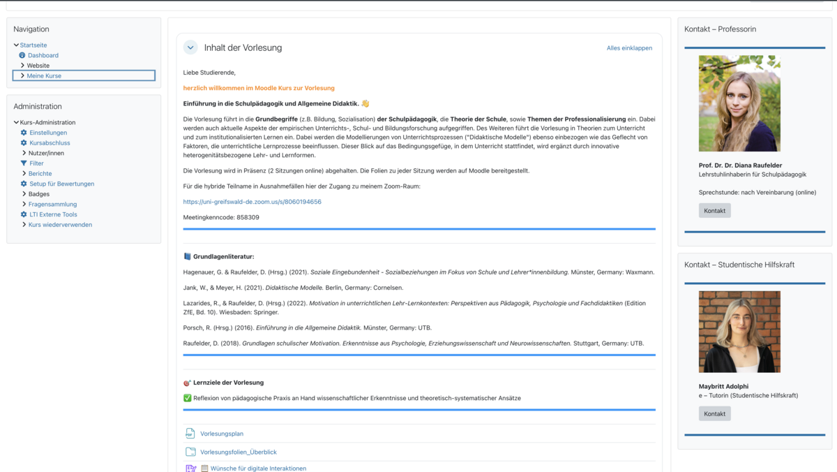 Personalisierung vom Moodlekurs und Übersicht des Kurses