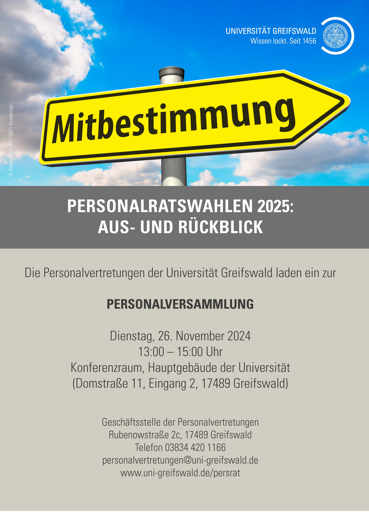 Personalversammlung - Personalratswahlen 2025: Aus- und Rückblick. Die Personalvertrungen der Universität Greifswald laden ein zur Personalversammlung am Dienstag, den 26.11.2024 von 13-15 Uhr im Konferenzraum, Domstraße 11, Eingang 2.