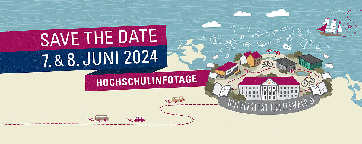 Illustration der Stadt Greifswad mit dem Datum der Hochschulinfotage 2024