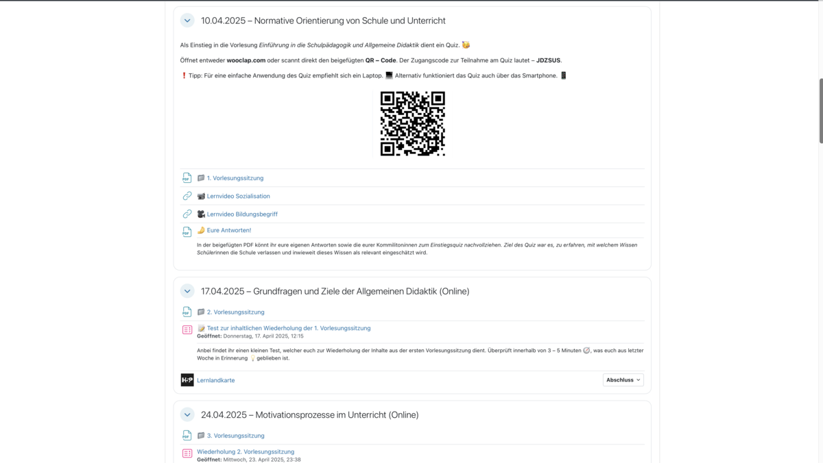 Ansicht einer Sitzung mit Implementierung von Lerninhalten, Verweis auf extra Informationen und Quellen
