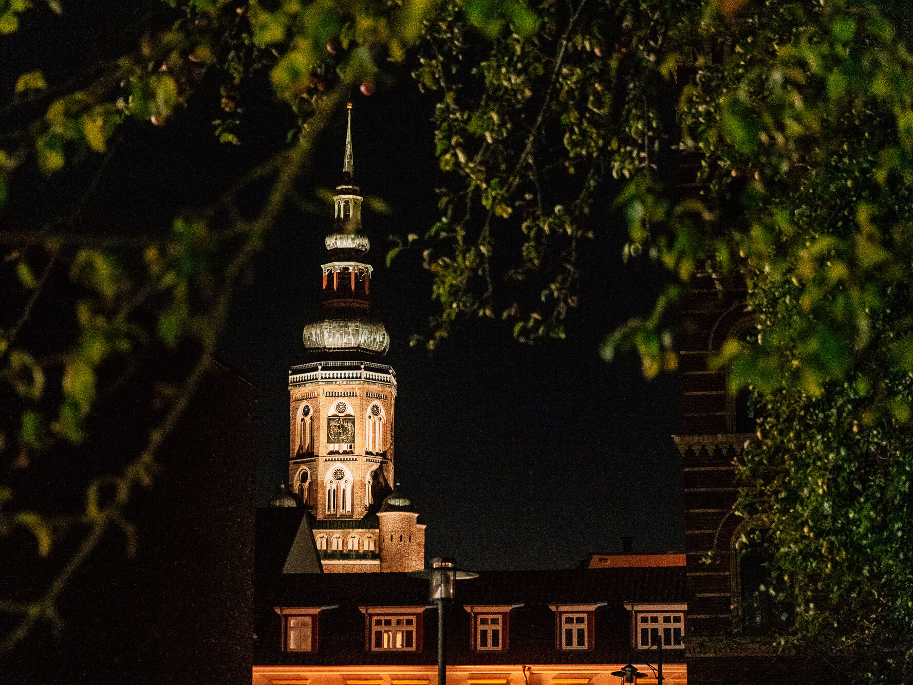 Nächtlicher Blick auf den Dom St. Nikolai Nächtlicher Blick auf den Turm des Doms St. Nikolai.