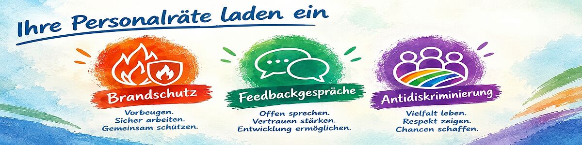Logo-Personalversammlung 2026 Banner der Personalräte mit der Überschrift „Ihre Personalräte laden ein“. Drei farbige Themenfelder informieren über die Schwerpunkte: 1. Brandschutz („Vorbeugen. Sicher arbeiten. Gemeinsam schützen.“), 2. Feedbackgespräche („Offen sprechen. Vertrauen stärken. Entwicklung ermöglichen.“) und 3. Antidiskriminierung („Vielfalt leben. Respekt zeigen. Chancen schaffen.“)