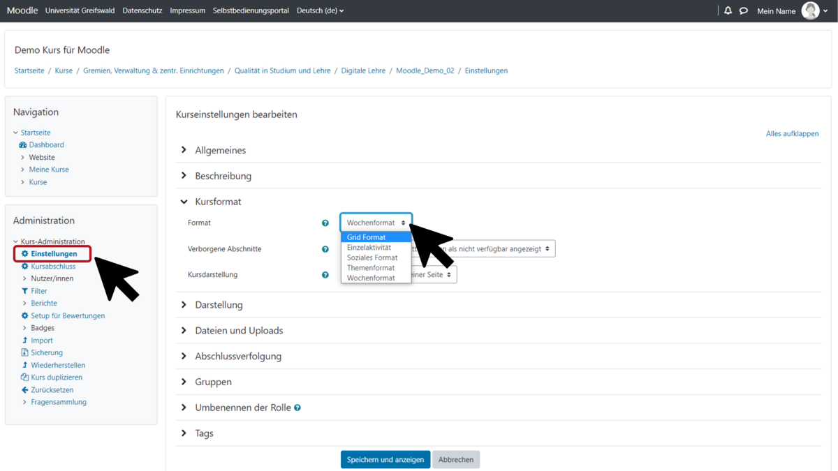 Moodle Kurseinstellungen: Kursformat