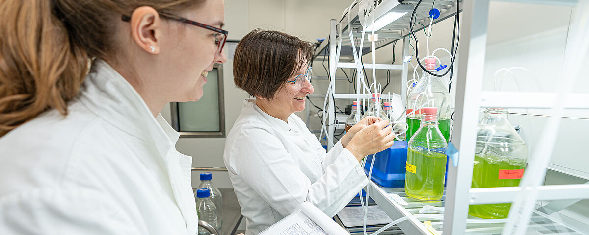 In einem weißen Labor stehen im Regal Reagenzgläser mit bunten Flüssigkeiten. Vorne Links steht eine Mitarbeiten und macht sich Notizen, während eine ältere Kollegin die Flüssigkeiten begutachtet.