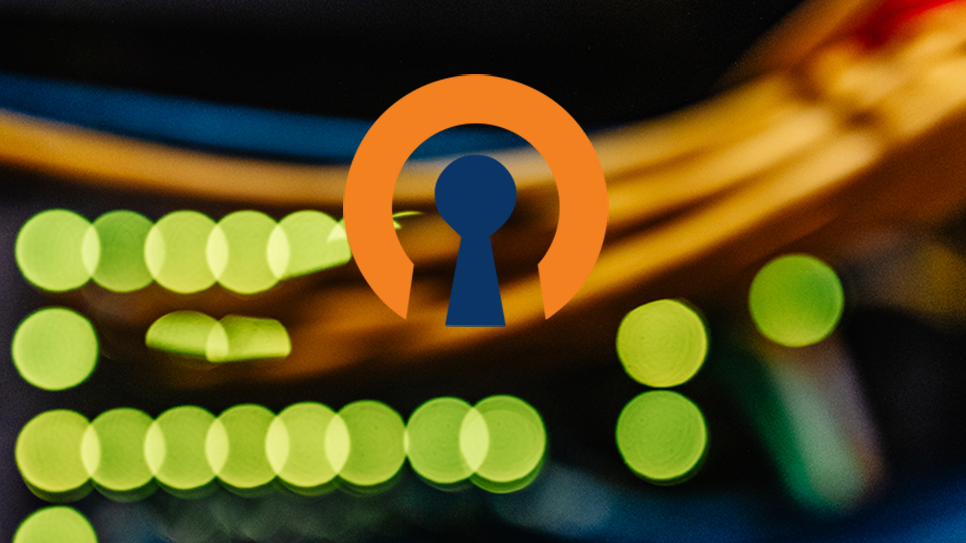 The image shows a blurred picture of a server. The OpenVPN logo is superimposed on the picture.