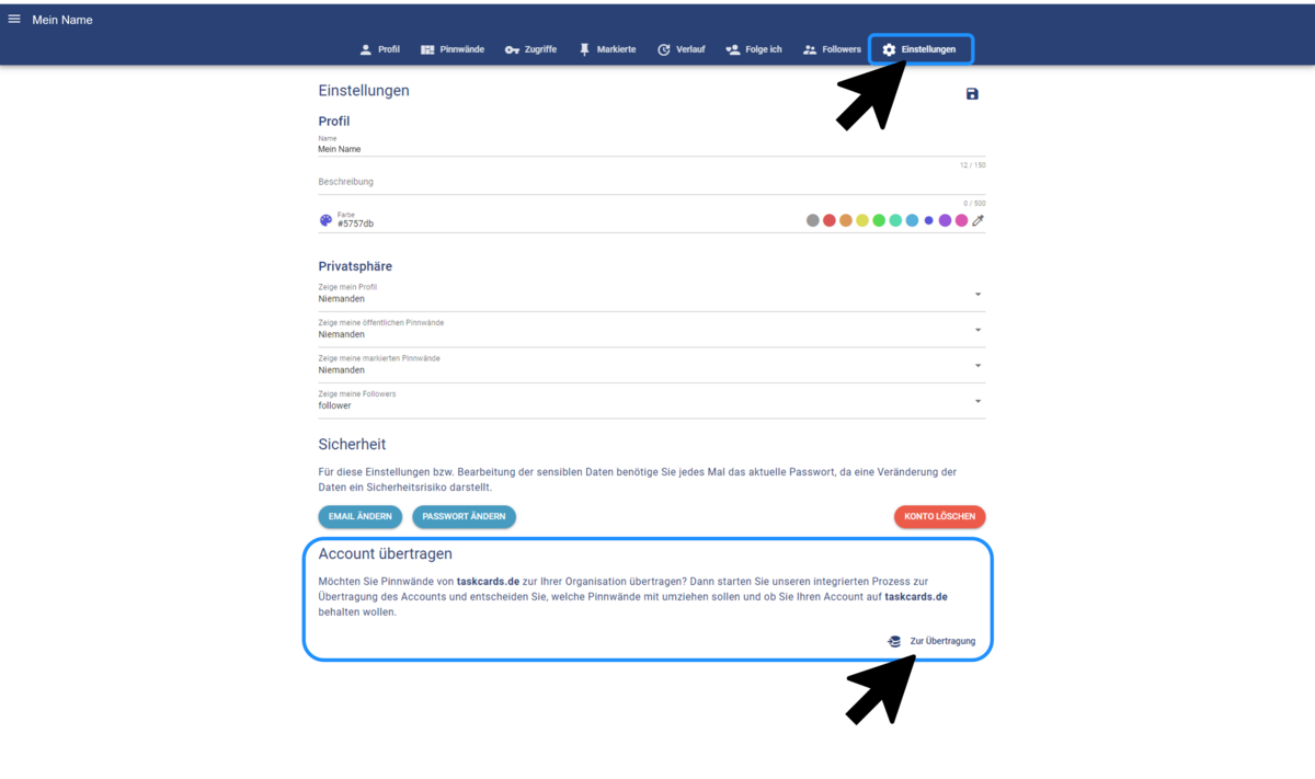 Transfer existing pinboards to new account 