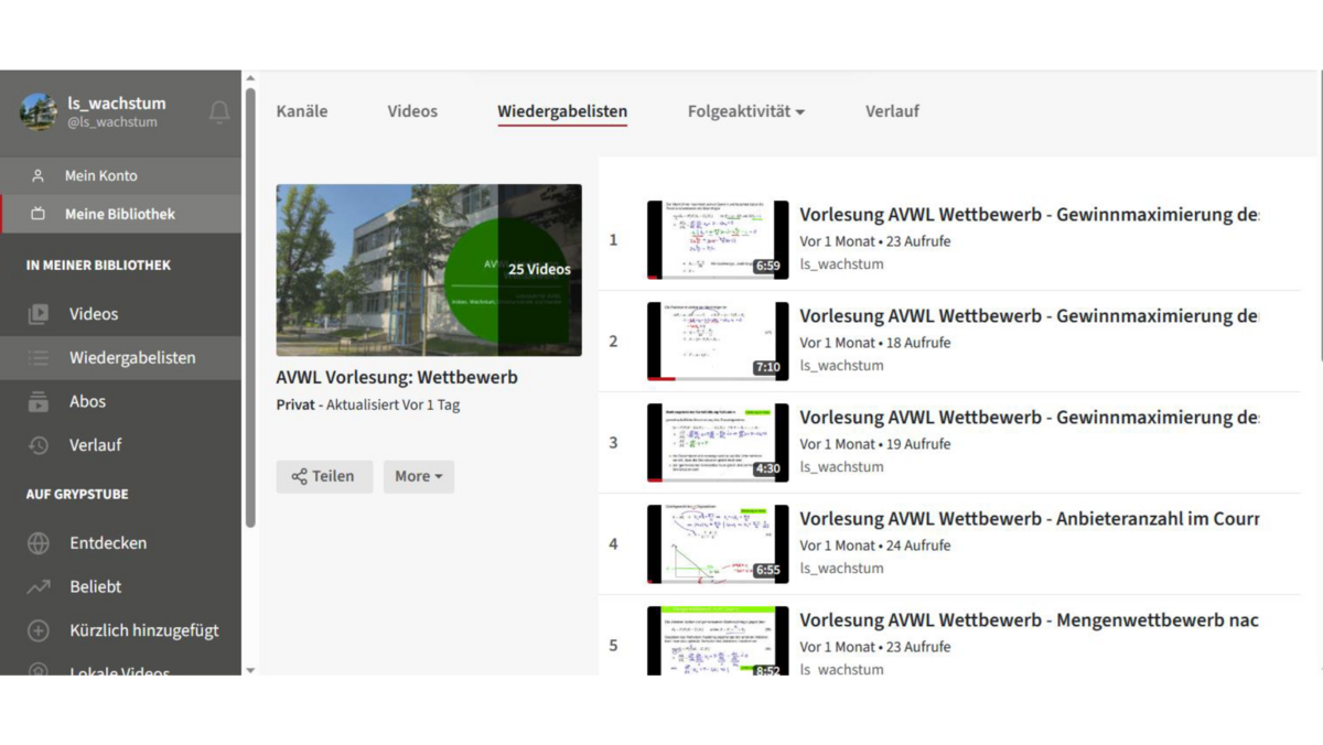 Grundsätzlicher Ausbau des GrypsTube-Kanals für Vorlesungsvideos