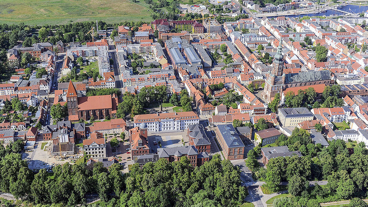 Aerial view of the town and University