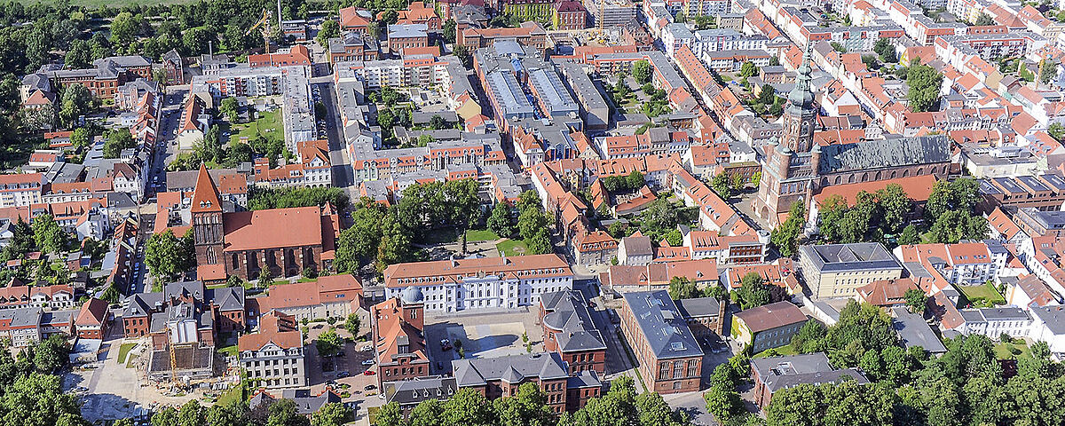 Aerial view of the town and University