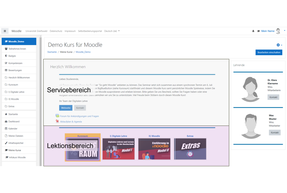 Example of a Moodle course structure in service and lesson area