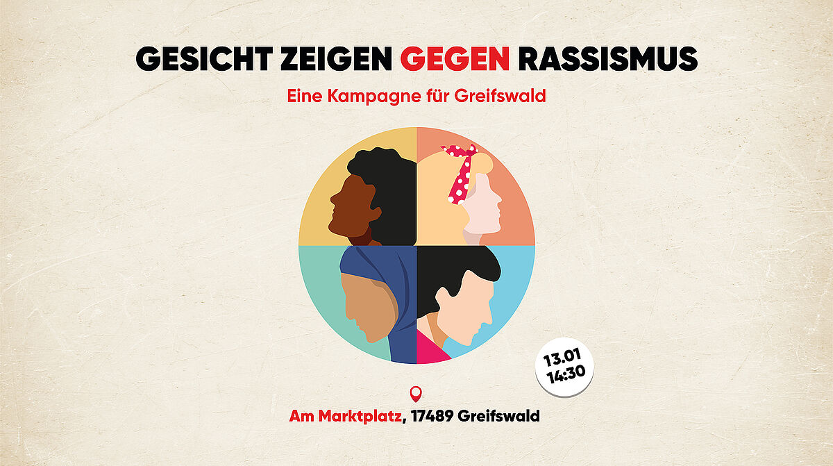 Poster from the campaign "Setting Face against Racism", designed by Jeff Osuji. The graphic displays text that can be translated as ""Setting Face against Racism. A Campaign for Greifswald." There is also a circle with outlines of heads from persons with different skin colours.