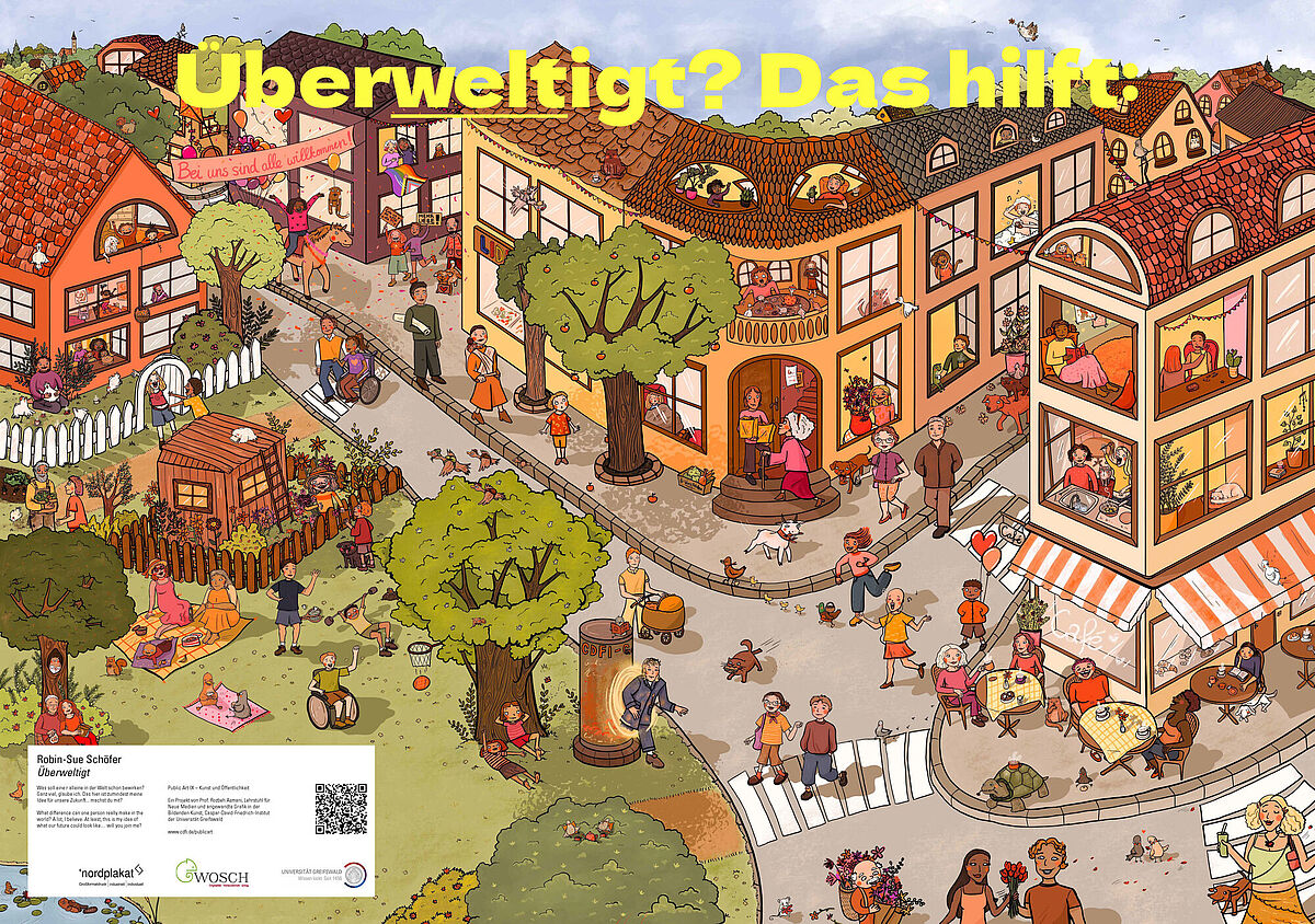 Das Plakat „Überweltigt? Das hilft.“ zeigt ein Wimmelbild.