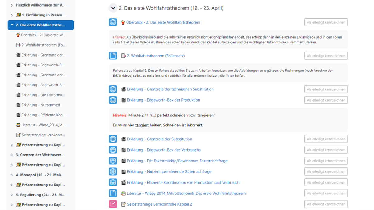 Moodle-Kurs zur Vorlesung Wettbewerb (AVWL) mit Aufteilung nach Kapiteln/thematischen Abschnitten